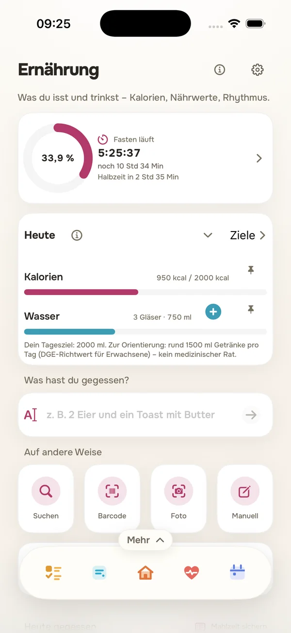Der Reiter Ernährung mit Fastenfenster, Tageswerten und den vier Eingabewegen.