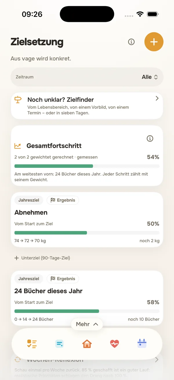 Der Reiter Zielsetzung mit Gesamtfortschritt und zwei Jahreszielen.