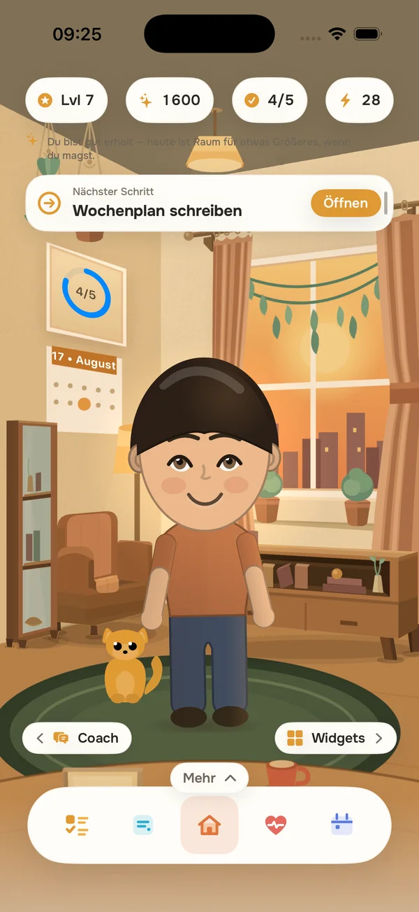 Die Startseite mit dem Avatar in seinem Zimmer im Abendlicht.